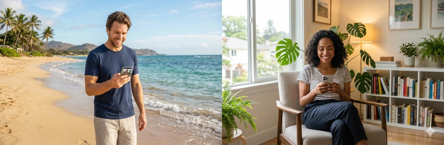 People connecting via voice call - man on beach and woman at home